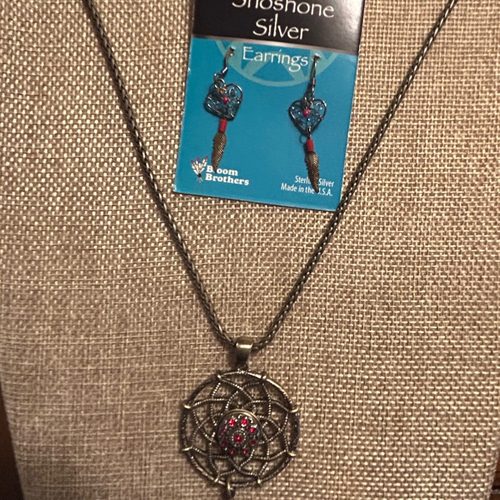 Red dream catcher necklace & earrings. 17 in length necklace